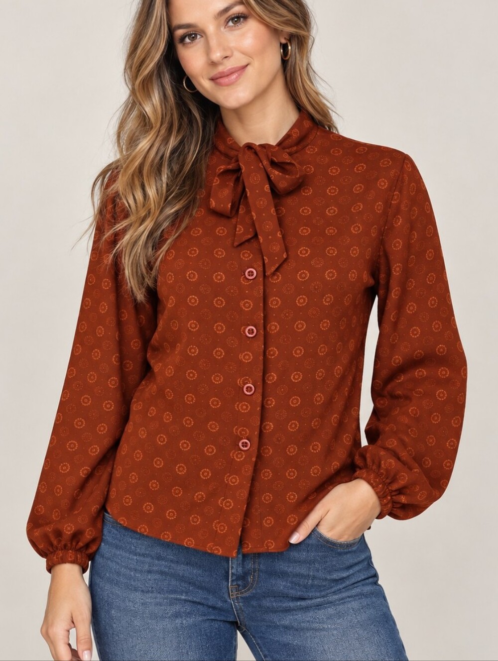 VTG JCPENNEY 1960s-1970s Rust Floral Bullseye Bow Tie Button Down Colonial Shirt